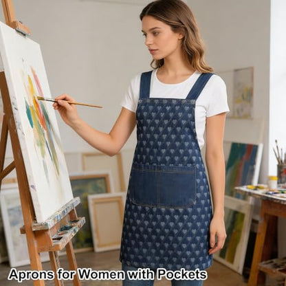 Denim Cross Back Aprons for Women with Front Pockets | Lightweight Cotton Adult Apron, Kitchen Cooking, Gardening, Painting, Pottery & Crafting, Durable & Stain-Resistant - color: Heart