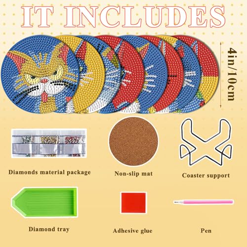 DOTSOPS 8 PCS Cat Diamond Art Coasters Kits for with Holder Beginners 4 in - color: Ecat