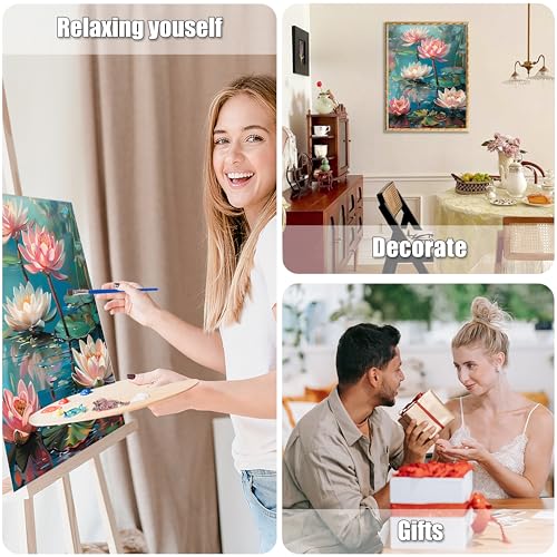 Ausanrl Flowers Framed Paint by Numbers Wooden Easel-Adult Paint by Number Kits on Canvas Framed,Lotus Paint by Numbers with Frame,Gifts and Home Wall Decor 12x16inch - color: Lotus