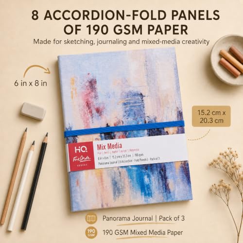 HQ Finestroke Accordion Sketchbook Mixed Media Journal 6x8 Pack of 3 | 9 connected panels unfold into one continuous drawing surface