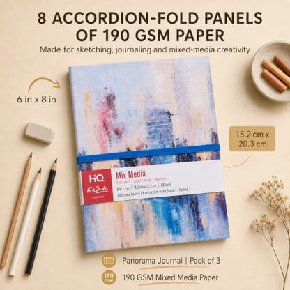 HQ Finestroke Accordion Sketchbook Mixed Media Journal 6x8 Pack of 3 | 9 connected panels unfold into one continuous drawing surface