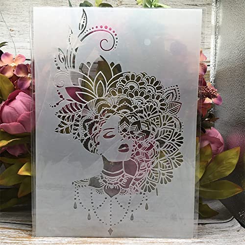 TIAMECH A4 Reusable Mandala Lady Stencil for Painting | Jewellery Flower Hairstyle Lady Layering Template, DIY Wall Art, Wood Furniture, Scrapbook & Crafts (8.3x11.7inch) - style: Jewellery Girl