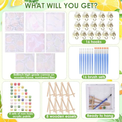 RoundFunny 8 Set Paint by Numbers Drawing Kit for Adults,Summer Fruit | 8x8 in. Mini Simple Painting Canvas Wooden Frame Easel Acrylic Paint Brush Funny Number Drawing Kit for Gift Wall Home Decor - style: Summer Fruit