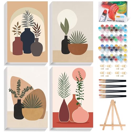4 Pack Framed Paint by Numbers Kit for Adults Plant with Wooden Easel | With Frame Canvas 8x12 IN, For Adults Beginner, DIY Acrylic Painting Simple, Stress Relief Craft Kits, Home Wall Decor Gift - color: FOP4P-09