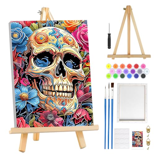 MOGTAA Halloween Paint by Numbers Kit for Adults Beginners with Frame, Skull Adult Paint by Number Kits on Canvas with Easel, Easy DIY Flowers Oil Painting Kits for Home Decor, 8x12in - color: Halloween Skull2