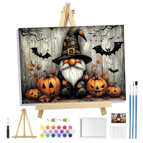 MOGTAA Halloween Paint by Numbers Kit for Adults Beginners with Frame, Gnomes Adult Paint by Number Kits on Canvas with Easel, Easy DIY Pumpkin Oil Painting Kits for Home Decor, 8x12in - color: Gnomes