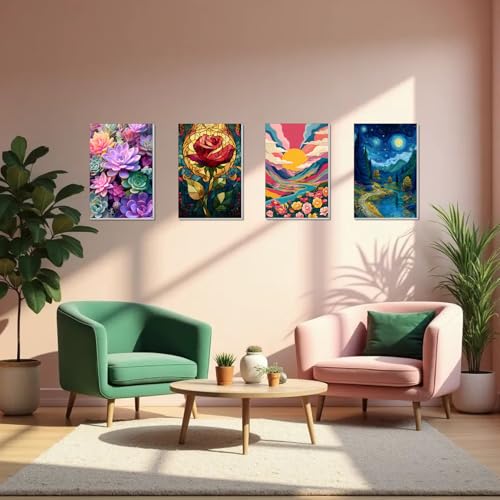 4 Pack Framed Paint by Numbers Kit for Adults Beginner Canvas Painting by Numbers for Adults Cactus Plants Easy Adult Paint by Number Kits with Frame Rose Flowers Watercolor Painting by Number 8x12 In - color: YFa0508