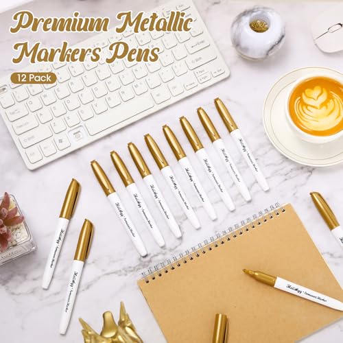 Motiskyy 12 Pcs Metallic Permanent Markers Fine Point, Gold | Paint Pens for DIY Crafts, Gift Card Making, Artist Illustration, Scrapbook Projects, Metallic Finish, Quick-drying Ink - color: Gold