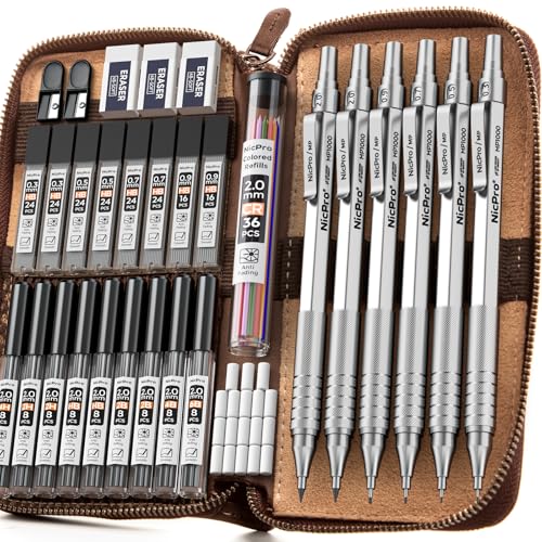 Nicpro 33PCS Metal Mechanical Pencil Set in Leather Case - color: Silver, size: 33pcs