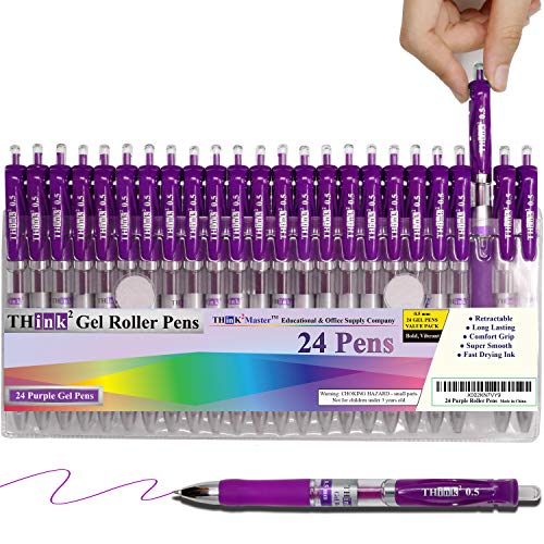 [24 Pens - Purple Ink] Think2 Retractable Gel Pens. (24 Purple) Fine Point (0.5mm) Rollerball Pens with Comfort Grip. - color: Purple