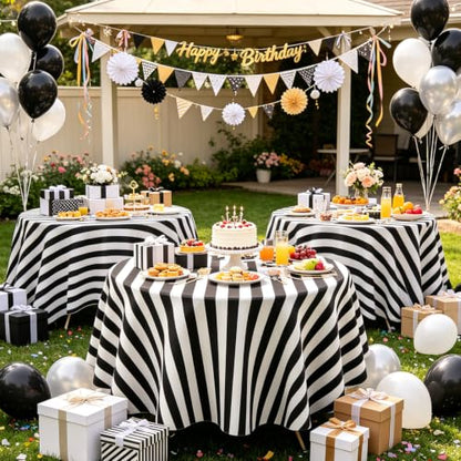 3 Pack Black and White Stripes Round Tablecloth Stripe Outdoor Table Cover Round Table Cover Plastic Table Cloth 84 in Round for Kitchen Dining Wedding Party