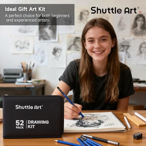 Shuttle Art 52 Pack Drawing Pencils Set, Professional Art Kit with Graphite Charcoal Sticks, Drawing Pad in Portable Case, Ideal for Kids and Adults Artists