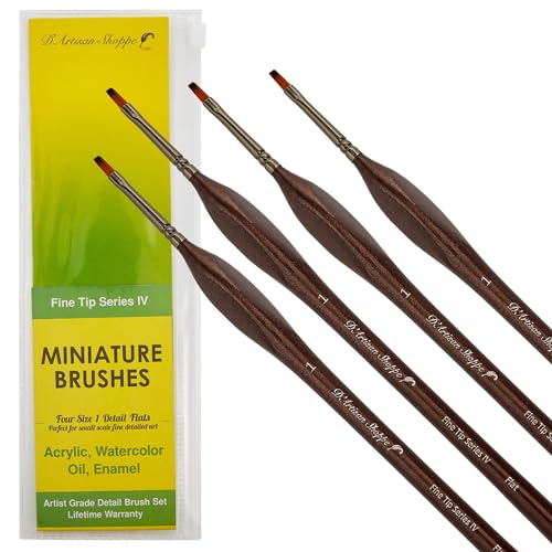 D'Artisan Shoppe Size 1 Detail Flat Miniature Paint Brushes 4pc Brush Set | Fine Tip Series: 4 synthetic #1 flat brushes, wood non-roll grip. Dry brushing miniatures, paint by number, craft - style: 4 pc Flat Tip (Size 1)
