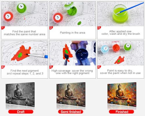 TUMOVO Buddha DIY Paint by Number Colourful Abstract Paint by Numbers for Adults Kids Beginner Paint by Numbers on Canvas Statue with Lotus Flower and Candle Ornament Oil Painting Kits 16"x20"Framed - color: Buddha Wooden Frame