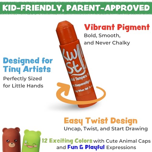 Kwik Stix Cuties Washable Paint Sticks for Kids & Toddlers, 12 Non-Toxic Colors, Quick-Drying, Allergen-Free, Solid Tempera with Cute Caps - color: Multicolor