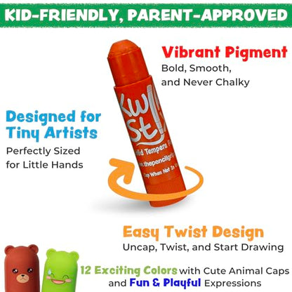 Kwik Stix Cuties Washable Paint Sticks for Kids & Toddlers, 12 Non-Toxic Colors, Quick-Drying, Allergen-Free, Solid Tempera with Cute Caps - color: Multicolor