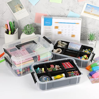 JUXYES 4-Tiers Plastic Stack Carry Storage Containers Box wih Handle Lids - color: Black