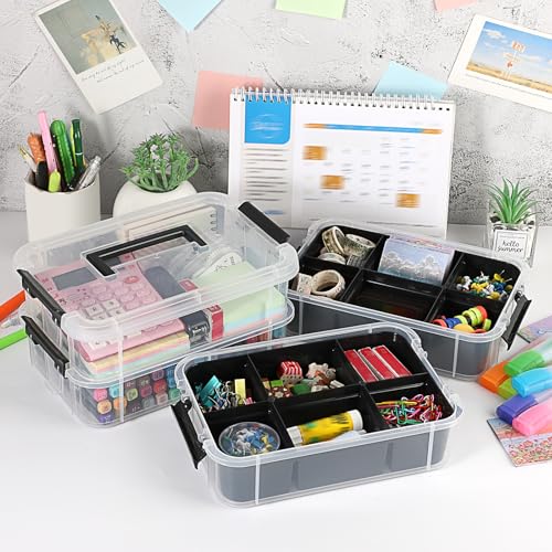 JUXYES 4-Tiers Plastic Stack Carry Storage Containers Box wih Handle Lids - color: Black