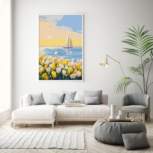 Framed Paint by Numbers Kit for Adults Beginner & Kids Age 8-12, Easy Flowers Adult Paint by Number Kits on Canvas, DIY Acrylic Watercolor Oil Paint by Number for Adults Landscape for Gift 8x12 Inch - color: DG-OP-F-SailboatFlower-2030