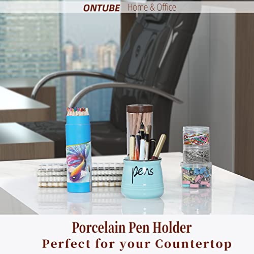 ONTUBE Porcelain Pens Holder Stand ,Ceramic Pencils Holder (Turquoise) | Porcelain, ceramic, pen & pencil holder, sturdy, easy-clean, non-slip, compact, elegant, durable, versatile, white, modern - color: Turquoise