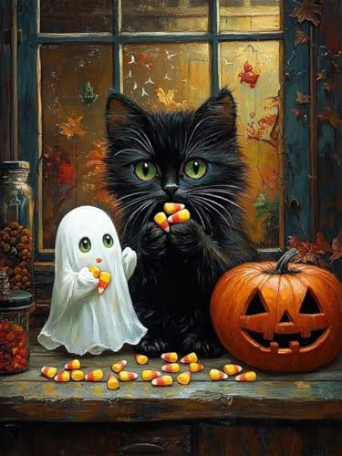 ARPADAMO Halloween Diamond Art Kits for Adults Ghost Black Cat 12x16in - color: DP04088