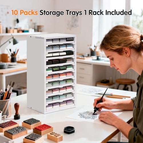 Ink Pad Trays Organizer Rack 10 Slots Ink Pad Storage | Mini Size Stamp Ink Pad Storage Organizer Pad Storage Rack with 10 Tray, 1 Tray Holds 12 Inkpad, All of 10 Trays Holds 120 - size: Ink Pad Trays and Rack