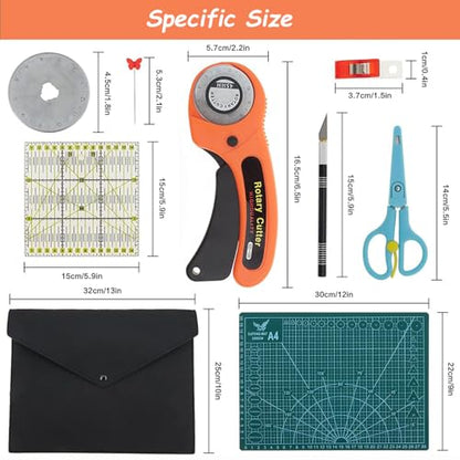 Rotary Cutter Set 96pcs,Quilting Kit Include 45mm Fabric Cutter with 5 Extra Blades,Patchwork Ruler, Needles, Clips & Pins for Sewing, Scrapbooking, Leather Dressmaking