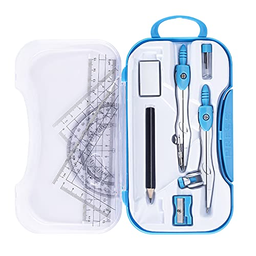 Math Geometry Kit Set 10 Pieces with Shatterproof Storage Box, Student Supplies Drawing Compass Includes Protractor, Rulers, Compass, Pencil Sharpener, Lead Refills, Pencil, Eraser(Blue)