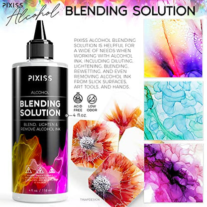 Pixiss Red Alcohol Ink Set and Alcohol Blending Solution for Ink (4oz) - Highly Saturated Alcohol Ink for Resin and Ink Blending Solution with Applicator Tip, Applicator Bottle, and Funnel