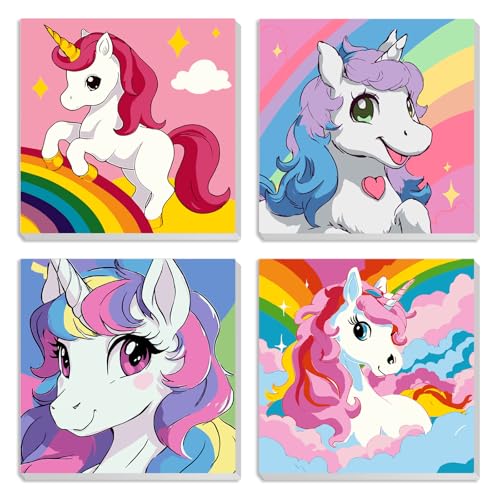 MXJSUA 4 Pack Cute Unicor Paint by Numbers Kit with Framed Canvas for Ages 6-12 Kids, Paint by Numbers Kits for Children Beginners, Acrylic Oil Painting for Home Wall Decor Gift (8x8 inch) - color: Animal-F, size: 20x20cm-06