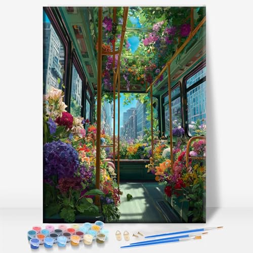Aeontinity Flower Bus Space Framed Canvas DIY Paint by Numbers Kit Bar Cafe Cave Home Room Wall Bathroom Porch Patio Decor Gift, 16 x 12 Inch - color: FLOWER BUS