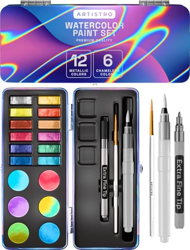 ARTISTRO Metallic Watercolor Paint Set with Palette & Brush Pens - 18 Color | Portable Paint Art Kit, Travel Water Color Set, For Adults, Professionals, & Kids, Art & Painting Supplies, Gift Idea - style: 18 colors Portable Travel