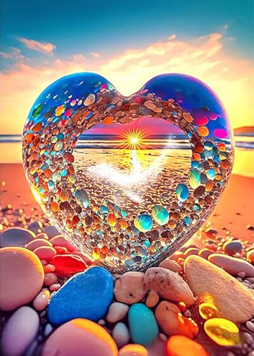 KINPLUB 5D Diamond Painting Kits for Adults, Color Heart Shape Stone Diamond Art Kits for Beginners, DIY Full Round Drill Love Beach Paint with Diamonds Dots Gem Art, Home Wall Decor 12 x 16 Inch - color: Love Stone