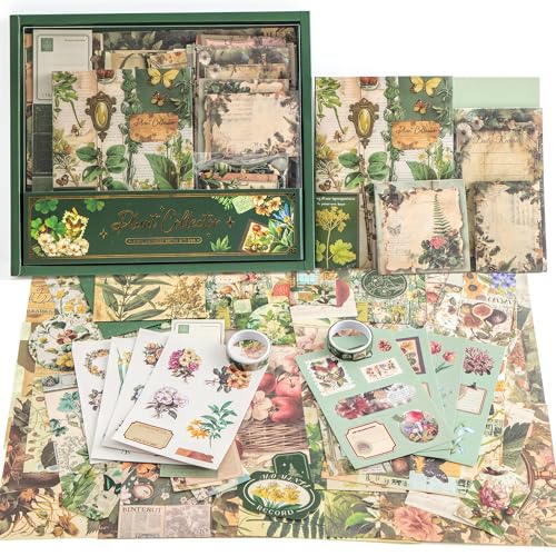 Scrapbooking Supplies Kit, Vintage Botanical Aesthetic Scrapbook Kit for Bullet Junk Journal, Stationery, A6 Grid Notebook, Flower DIY Journaling Supplies, Birthday Craft Gift for Women Craft Lover - color: Botanical II