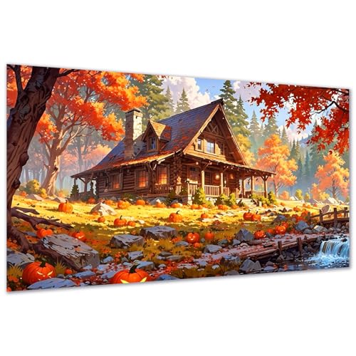 DDGEMART 5D Diamond Painting Kit for Adults, Full Drill Autumn Cabin Pumpkin Harvest Woods Fall Art for Beginners, Large Horizontal 28x16 inch - color: Cabin & Pumpkin