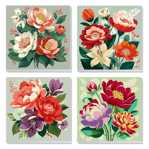 MXJSUA 4 Pack Peony Flowers Framed Paint by Numbers Kit with Canvas for Adults Beginner, DIY Acrylic Oil Painting Kits with Brushes for Home Wall Decor Gift (8x8 inch) - color: Peony Flowers