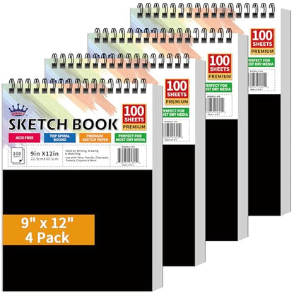 WINNER 9" x 12" Sketch Book 4 Pack, 400 Sheets Spiral Bound Art Sketchbook, 68lb/100gsm White Acid Free Drawing Pad, Sketching Drawing Writing Sketch Pad, Art Supplies for School, Kids, Adults &Teens - color: Black, size: 9"x12"