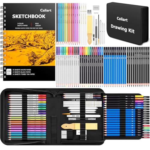 Caliart 176PCS Art Supplies Sketching Kit, 100 Sheets 3-Color Sketch Book - color: Black