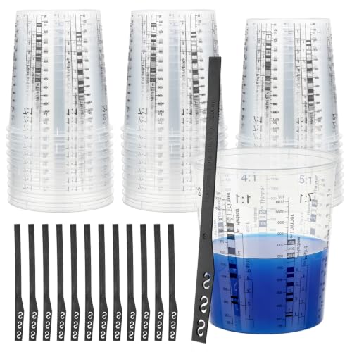 30 Pack 37oz 1100ml Clear Plastic Paint Mixing Cups with 30 Stir Sticks - Disposable Graduated Measuring Cups for Paint, Resin & Epoxy with ML Scale & 3-Column Ratios (1:1-7:1) for DIY Crafts - size: 37oz / 1100ml