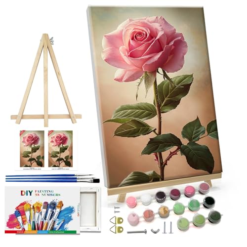 ATDMS Paint by Numbers Kit for Adults with Easel Flowers Paint by Number with Frame DIY Floral Paint by Number with Easel Adult Paint by Number Kits on Canvas Framed for Home Wall Decor 8x12 Inch - color: Flower 45