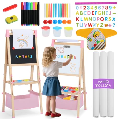 Kinder King Adjustable Wooden Kids Art Easel, Art Supplies, Storage (Pink) - color: Pink