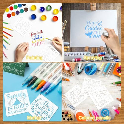 JSRQT 16Pcs Christian Inspirational Stencils, Bible Verse Motivational Quotes Word Stencils Set, Plastic Reusable Template for Painting DIY Wood Wall Canvas Sign for Home Decor Card Making, 13×13 CM - size: 13*13CM