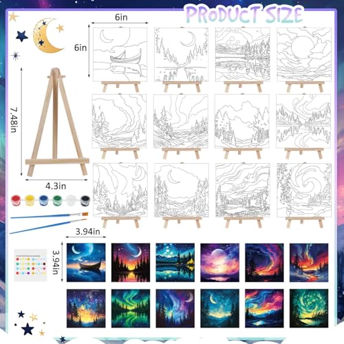 Tenceur 12 Sets Pre Drawn Canvas to Paint Adult Stretched Coloring Painting Canvas Panels with Design Easel and Brushes for Party Supplies Beginner Favor(Starry Aurora) - style: Starry Aurora