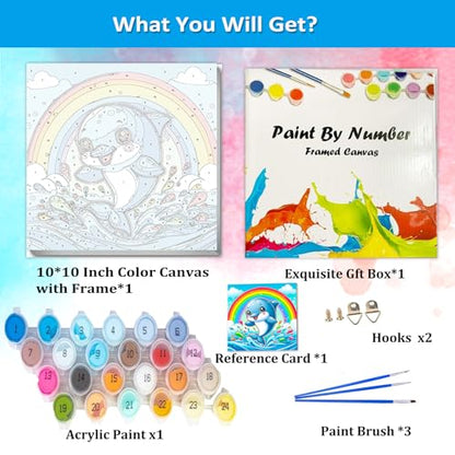 Artunion Framed Paint by Numbers Kit for Adults Beginners & Kids Ages 8-12,Cute Dolphin Paint by Number with Frame,Ocean Animals Paint by Numbers Kit on Canvas 10 * 10 Inch Without Easel - color: ZXT-329-F