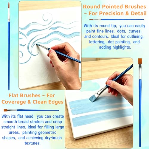 200 Pcs Small Paint Brushes Bulk, 100 Flat & 100 Round Pointed Acrylic Paint Brushes for Kids Classroom, Art Watercolor Brushes for Canvas Face Painting Touch Up