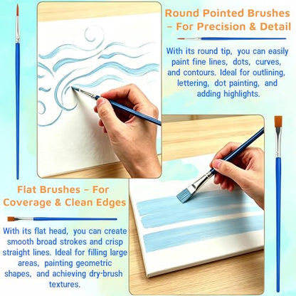 200 Pcs Small Paint Brushes Bulk, 100 Flat & 100 Round Pointed Acrylic Paint Brushes for Kids Classroom, Art Watercolor Brushes for Canvas Face Painting Touch Up