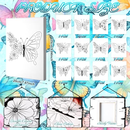 Motipuns 12 Set Butterfly Flower Pre Drawn Canvas for Paint for Adults | 8 x 10 Inch, Sip and Paint Party Kit, Pre Printed Framed Canvas with Easels Paints Brushes Aprons, Adult Art Party Supplies - style: Butterfly Flower