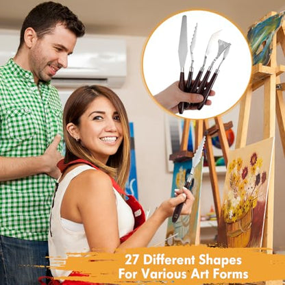 27 Pcs Palette Knife Set, Stainless Steel Painting Knife Set Wood Handle Palette Knives Paint Spatula Pallet Knives for Acrylic Paint Tools for Canvas Oil Painting Mixing and Texturing