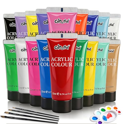 Colorful Basic Acrylic Paint Set, 18 Pack with Brush & Palette, Craft Paint