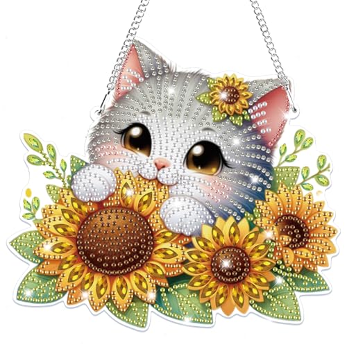 Bowetile Hanging Diamond Art Cat Kits for Adults, 5D Special Shape Diamond Painting Sunflower Kits, Animal Diamond Gem Art Suncatchers Painting Pendant Ornament for Home Garden Wall Decor - color: Cat, Sunflower